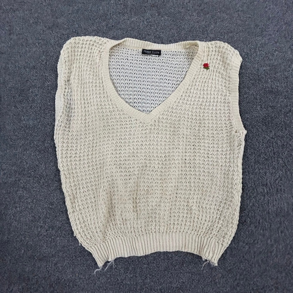 Perrie Ellen Sweater Vest Womens Size L Cream Open Knit Rose Vintage
